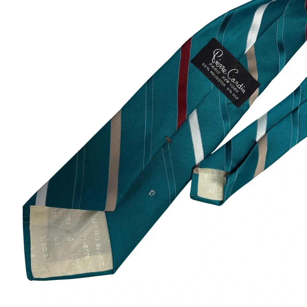Pierre Cardin Necktie Men's Teal Striped Silk Blend Vintage 1985 Renbergs Luxury